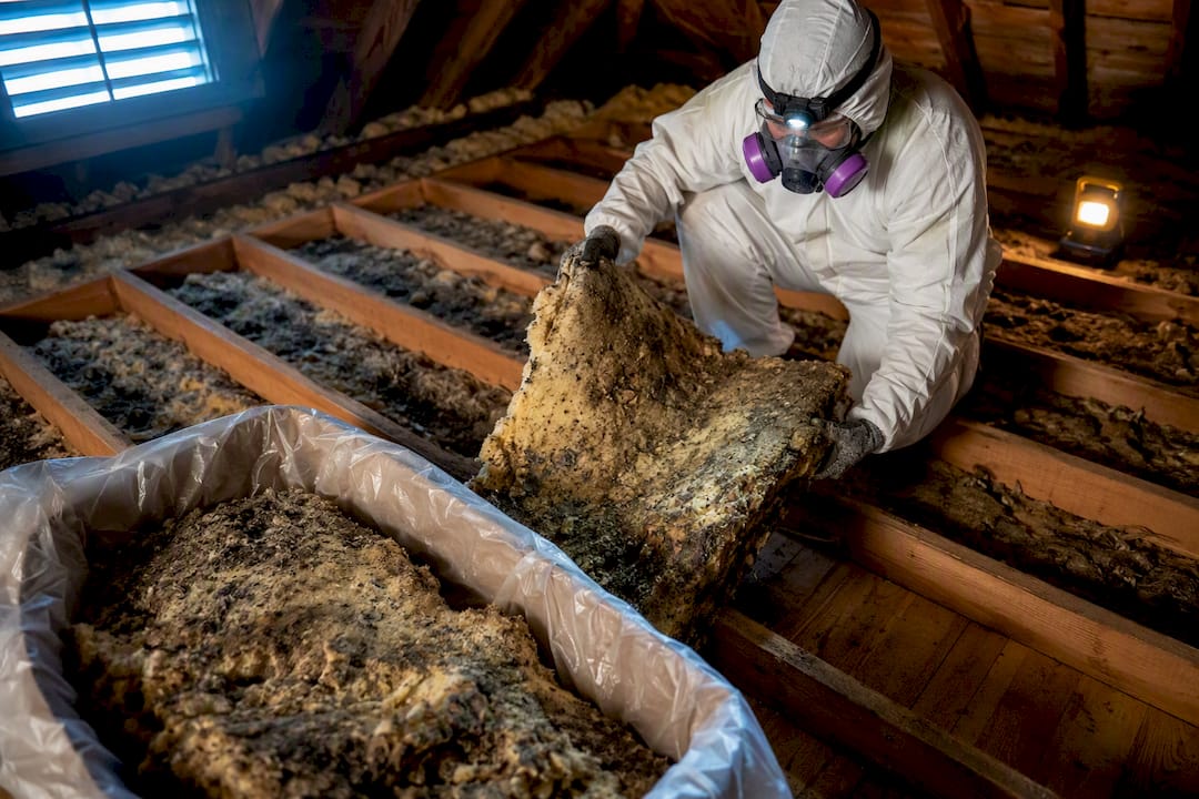 Stained insulation removed from attic joists