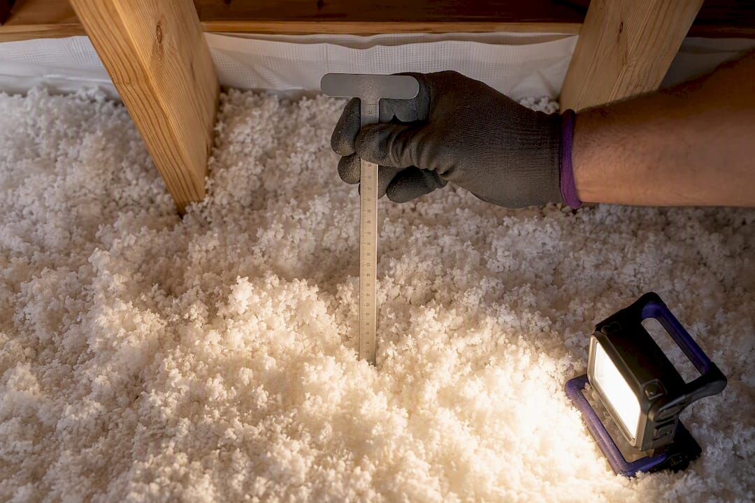Contractor measuring attic insulation depth