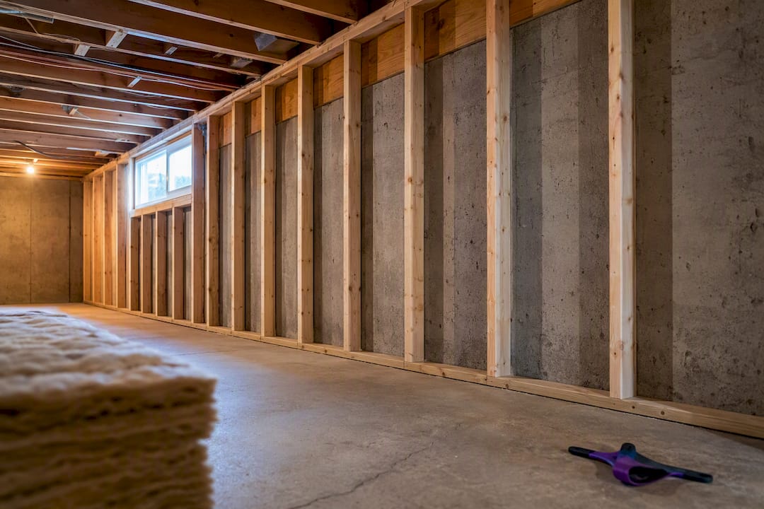 Unfinished basement prepared for insulation