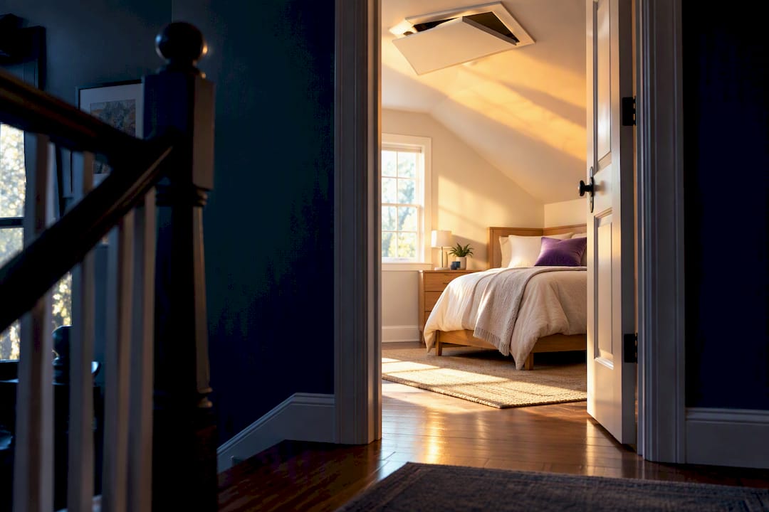 Sunlit upstairs bedroom warmed by attic heat