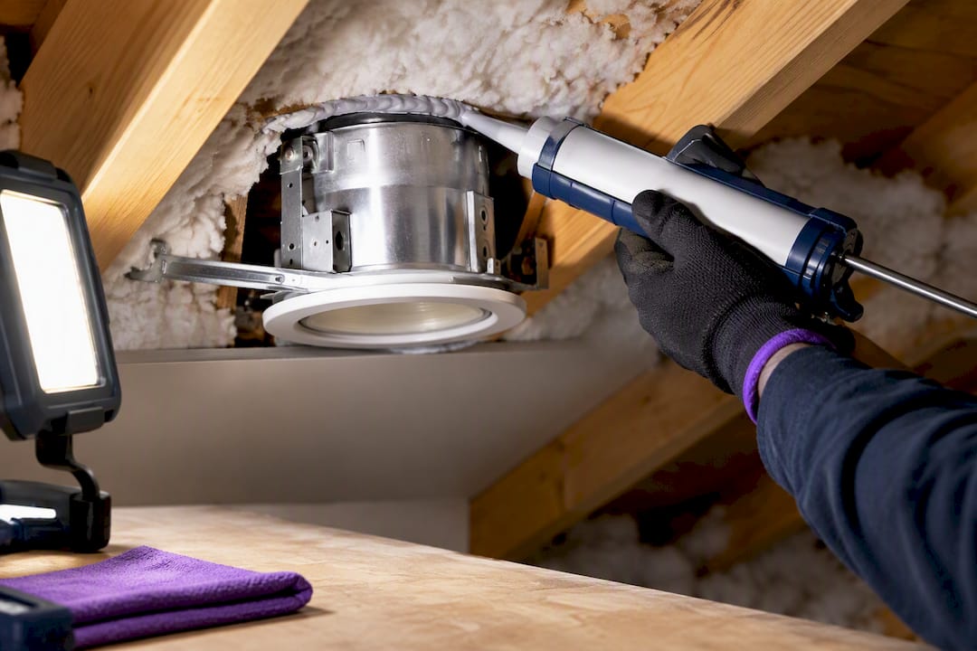 Contractor sealing a recessed light attic bypass