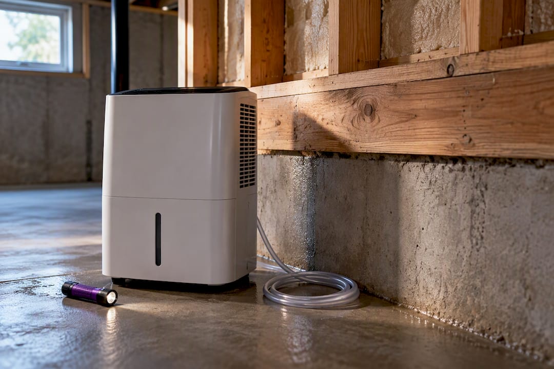 Portable dehumidifier positioned beside rim joist