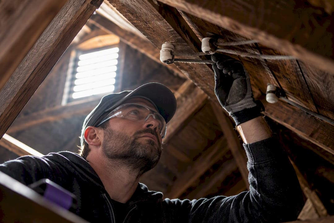 Electrician inspecting knob and tube attic wiring