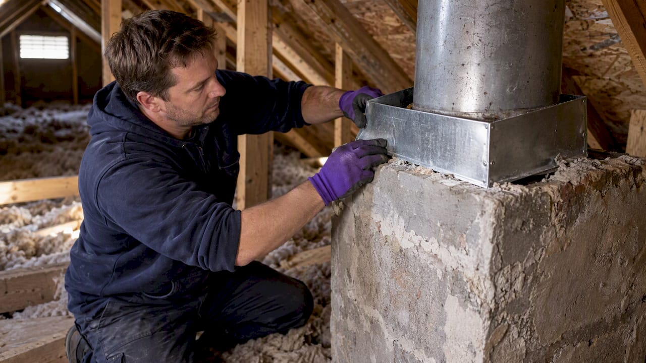 Technician sealing attic chimney chase with sheet metal