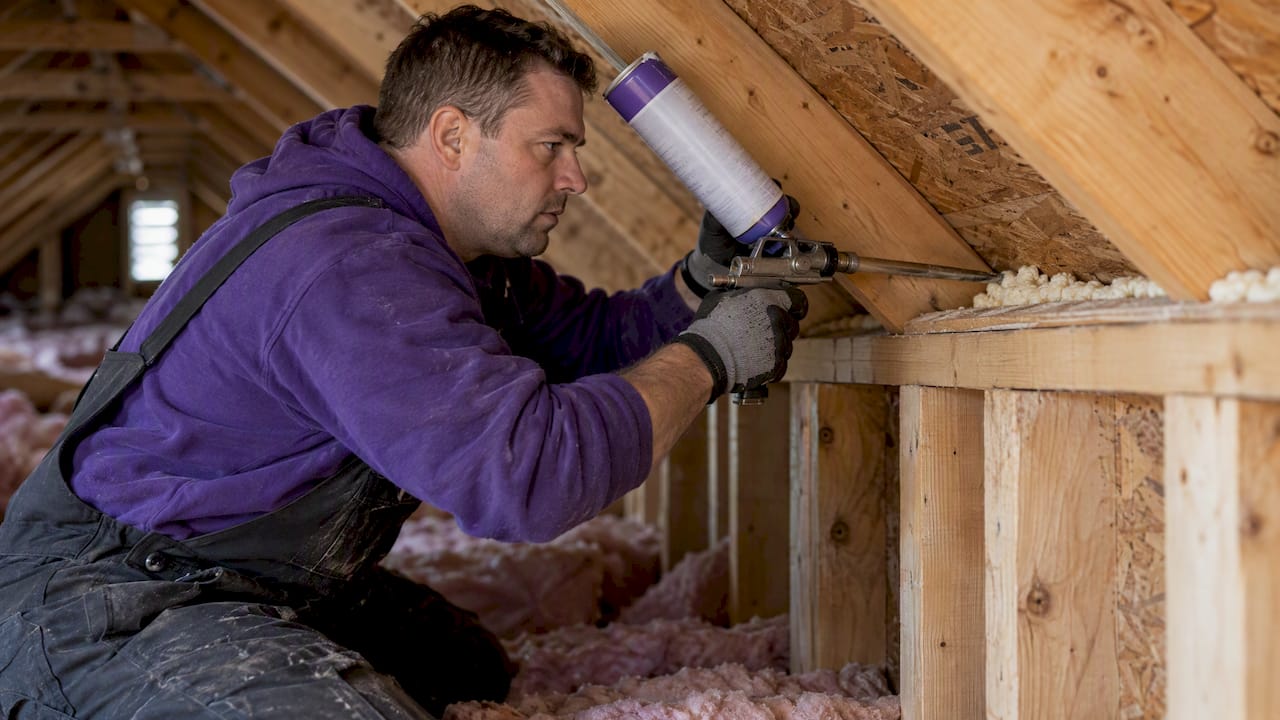 Technician sealing an attic top plate gap