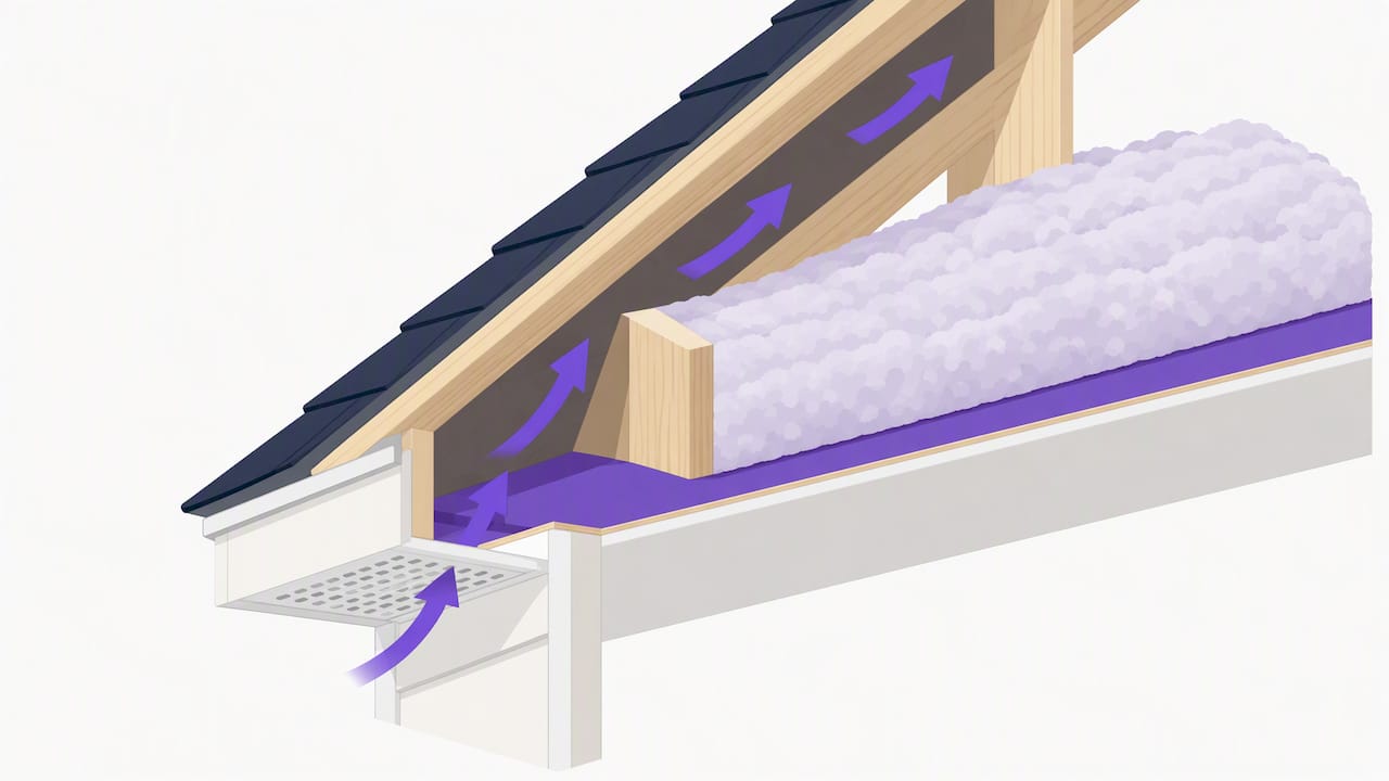 Insulation and air barrier beside open eave channel