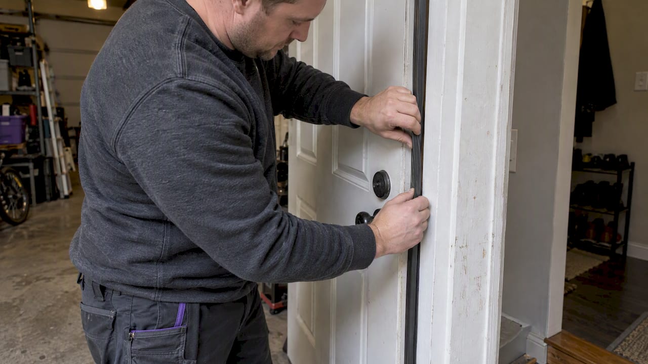 Homeowner fitting weatherstripping to garage entry door