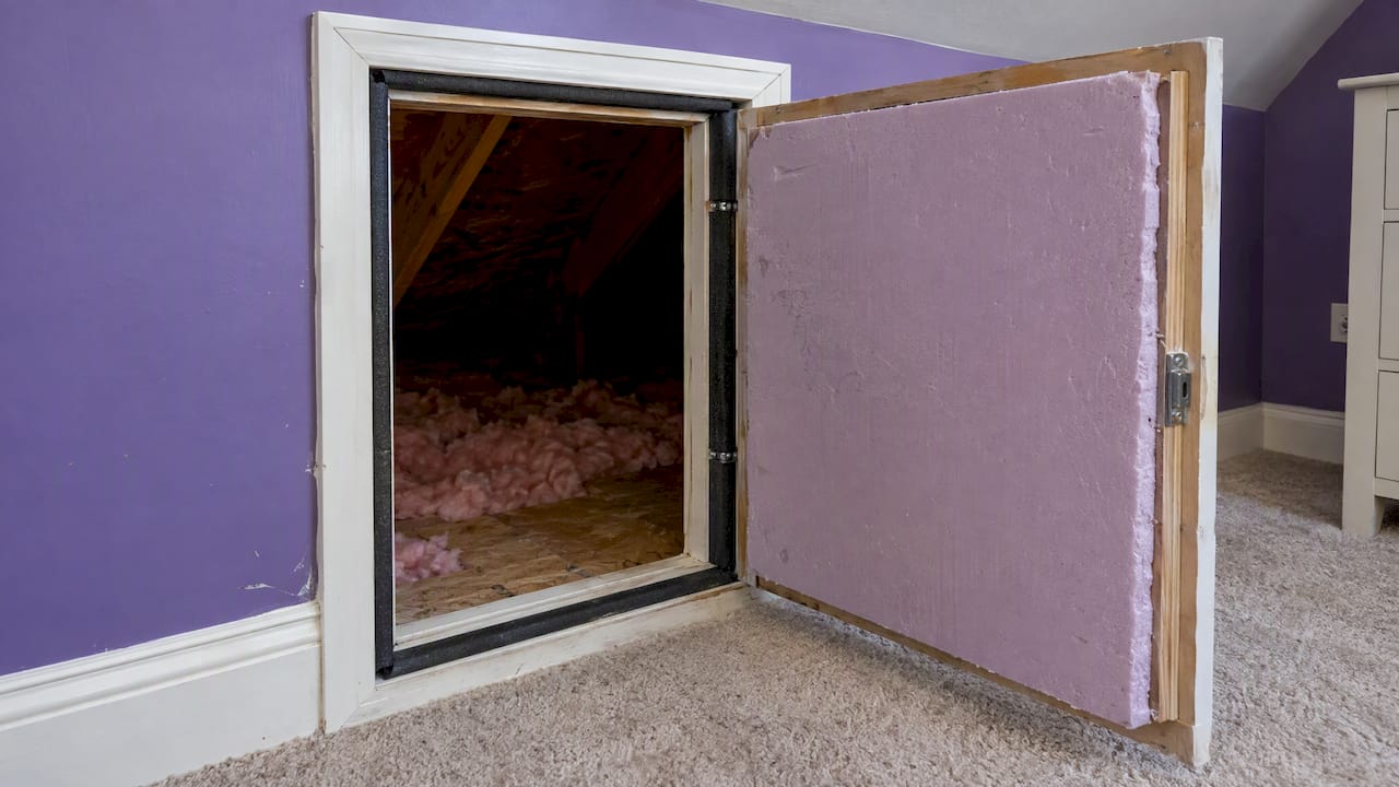 Foam-backed knee wall access door with weatherstripping